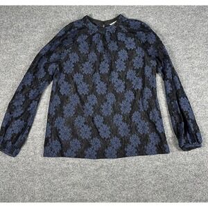 Trina Turk Blouse Womens L Blue Floral Lace Sheer Whimsigoth Fairy Grunge Witch